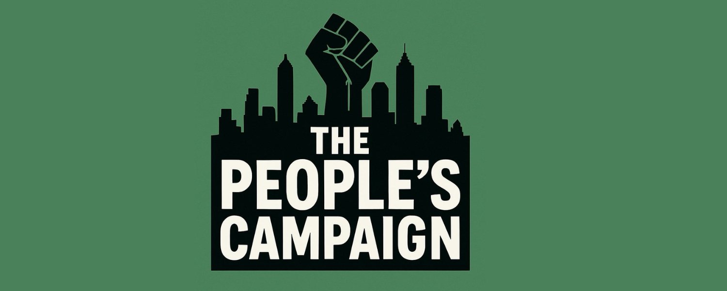 The People's Campaign graphic with Atlanta skyline and raised fist
